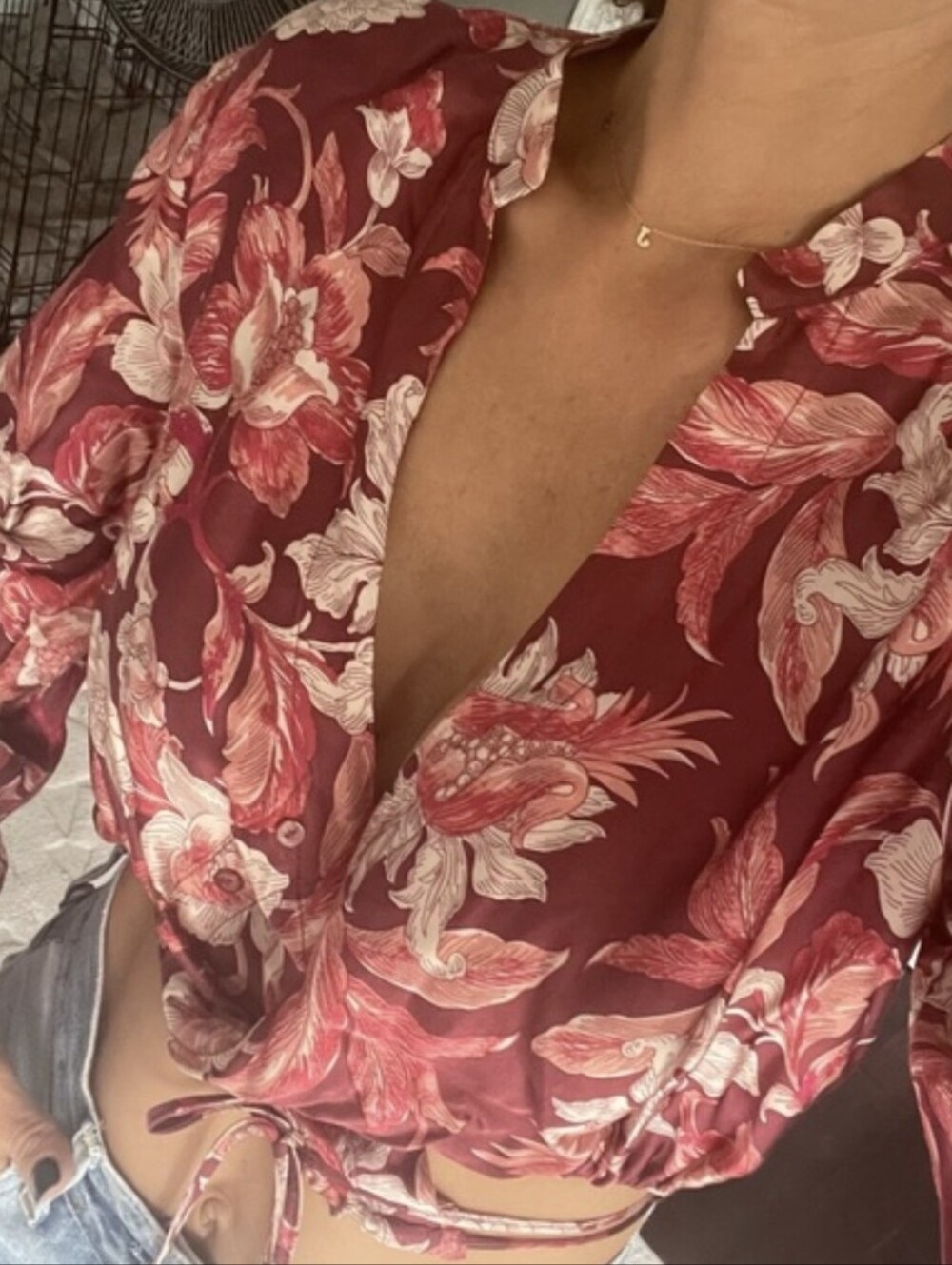Zara pink silky long sleeve floral crop top